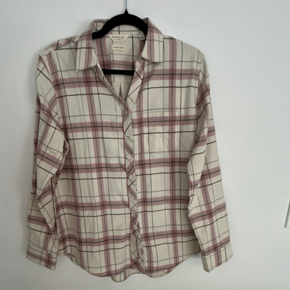 Weatherproof Flannel Comfort Stretch Button-Up Shirt Ivory Pink Gray M Women's